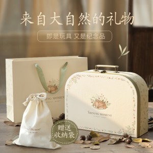 婴儿0-3月玩具礼盒实木玩具套装满月礼物周岁见面初生百天礼包 双色玩具小熊行李箱