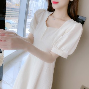 女装  裙子 长裙 气质长裙 方领雪纺连衣裙