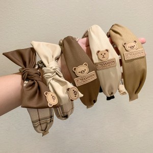 카키색 곰돌이 머리띠 프렌치 리본 머리띠 