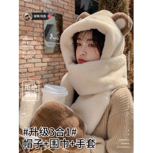 곰돌이 모자 목도리 일체녀 가을겨울 백합 2022년 폭발적인 귀여운 보온 후드 모직 3종 세트 