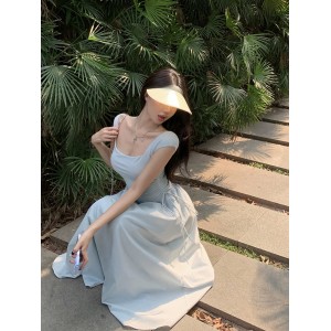 夏季 小众气质 设计方领短袖连衣裙 新款抽绳 韩版中长款裙子