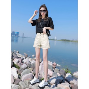 杏色牛仔短裤 女高腰 2023年新款夏韩版显瘦休闲 A字白色阔腿短裤热